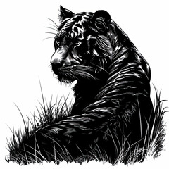 Wall Mural - A black and white drawing of a tiger laying in the grass