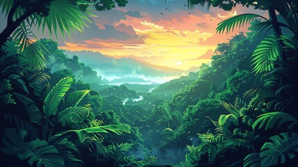 Wall Mural - Lush Green Jungle Landscape at Sunset with River, Palm Trees, and Mountains.  Tropical Paradise Illustration