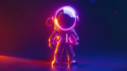 A man in a space suit standing in front of a neon light