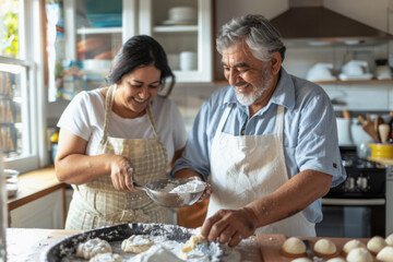 Happy Hispanic couple baking together in the kitchen, enjoying the process