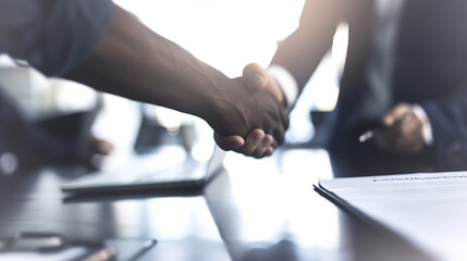 A photo focused on a handshake between business people on a contract, with a conference room ambiance and blurred office furniture in the background.
