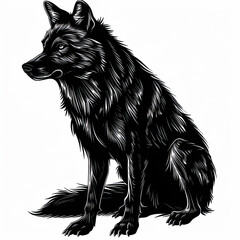  A black and white drawing of a wolf sitting down