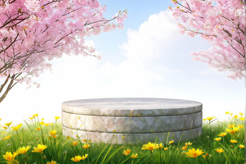  Background podium 3D spring flower product beauty pink display nature. 3D podium stand background scene floral mockup cosmetic white blossom summer abstract shadow platform minimal design render stag