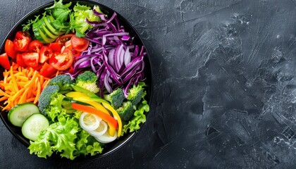 Top view of a colorful vegetable salad in a black bowl on a dark textured background. Healthy eating and organic food concept.