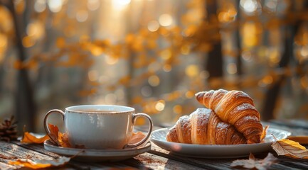 Poster - Coffee and Croissants on a Fall Morning Table