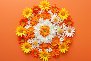 Wall Mural - rangoli ornament made of orange, yellow and white flowers on solid orange background
