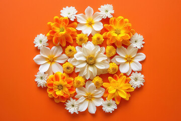 Wall Mural - rangoli ornament made of orange, yellow and white flowers on solid orange background