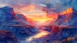 © Thuyet - A watercolor painting of a majestic canyon, layered rock formations glowing in the light of the setting sun, a river winding through the base, the sky filled with vibrant sunset colors, a serene and t
