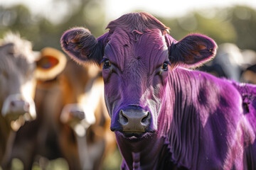 Purple cow standing among other cows in a field, business marketing strategy concept, showcasing a remarkable product that stands out from all others