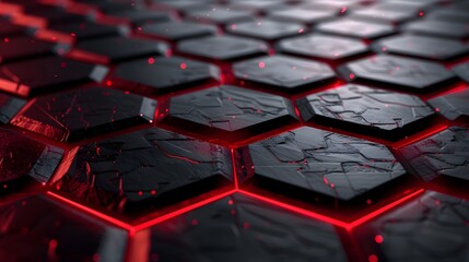 Wall Mural - Background with red hexagons arranged in a checkerboard pattern with a neon glow effect and lens flares