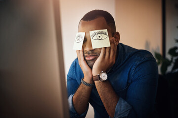 Canvas Print - Tired businessman, office and sticky note on eyes for work burnout, fatigue and sleeping with overtime by desk. Guy, paper drawing and nap for low energy, mental health and exhaustion with insomnia