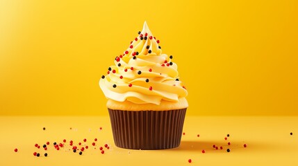 Wall Mural - Celebration-themed birthday cupcake surrounded by vibrant confetti on yellow backdrop


