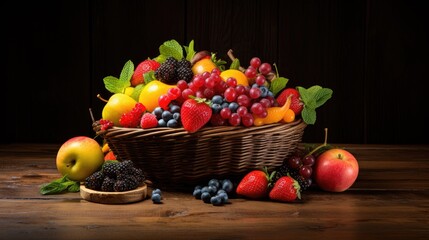 Wall Mural - Abundant Basket of Fresh Fruits on Rustic Wooden Table.  Concept of healthy eating, vitamins, and a balanced diet