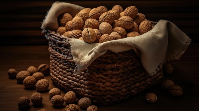 Basket of Walnuts. Fresh Harvest and Healthy Snack