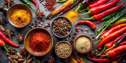 Wall Mural - Knolling assorted spices and red chilli peppers on a black stone table top. Food and cuisine ingredients. The concept of healthy and tasty food. Background for menu, invitation, card, banner, flyer
