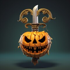 Wall Mural - Spooky Halloween Pumpkin with Sword. 3D Illustration for Games and Design