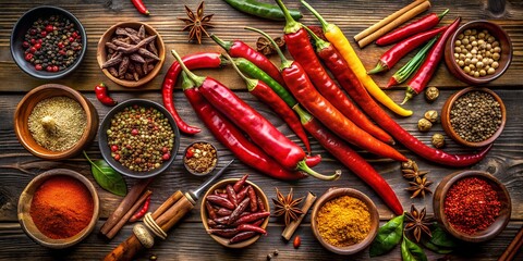 Wall Mural - Knolling assorted spices and red chili peppers on a dark wood table top. Food and cuisine ingredients. The concept of healthy and tasty food. Background for menu, invitation, card, banner, flyer
