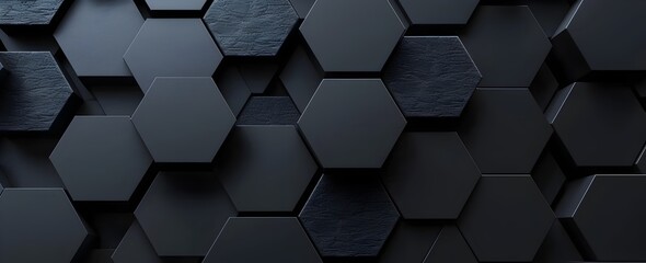 Wall Mural - 3d render of dark black hexagon pattern background, abstract wallpaper with geometric shapes and texture