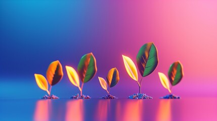 Glowing plants on pink blue background, art growth concept