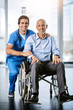 © peopleimages.com - Man, wheelchair and nurse for healthcare, medical and help for medicare patient. Hospital, smile or hopeful with portrait of male person with a disability, rehabilitation and caregiver service