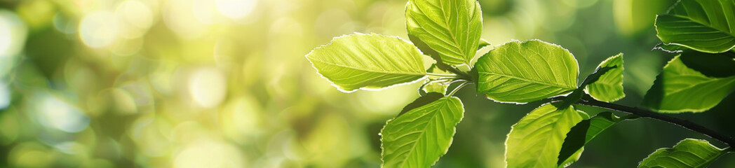 Close-up green leaves with a blurred garden background banner, a natural plant landscape for a nature wallpaper concept. Copy space, stock photo with 2/3 place for text.