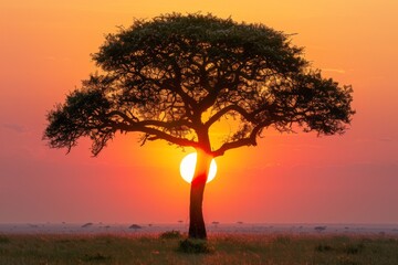 Wall Mural - African sunset with acacia tree silhouette