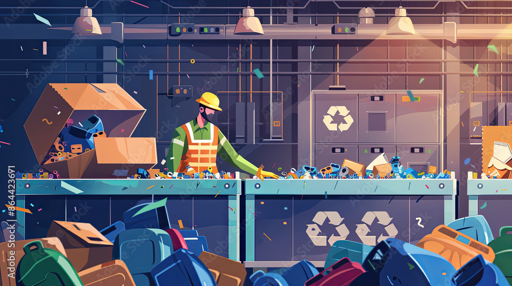 Waste management worker sorting garbage for recycling in modern plant ...