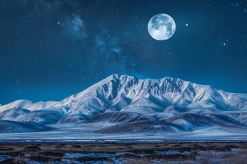 Canvas Print - Majestic Snowy Mountain Under Full Moon