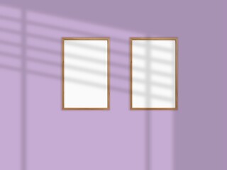 Vertical picture frames mockup with wal, Sunlight.