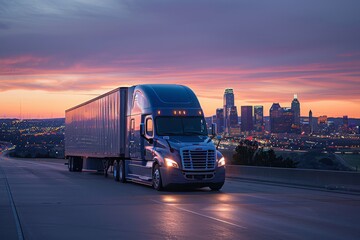 Semi-truck driving through urban city at sunset