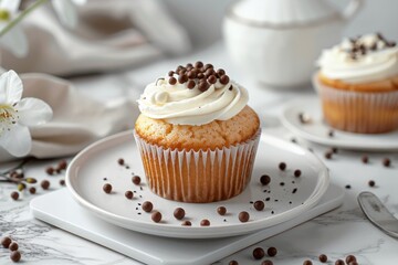 Wall Mural - Delicious Vanilla Cupcake with Chocolate Toppings