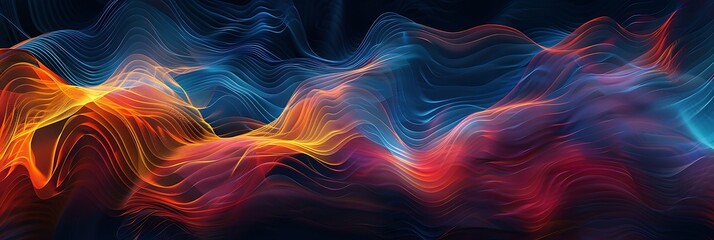 Wall Mural - Grainy noisy poster background with dark blue, orange, and red color waves on a black backdrop. This abstract header or banner design adds energy and movement to any project.

