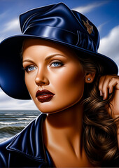 Wall Mural - Beautiful girl in a blue hat on a background of blue sky and sea