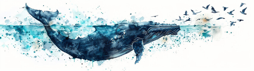 Generative AI watercolor illustration of a blue whale in the ocean with birds in the sky on a white background. Vintage edition.