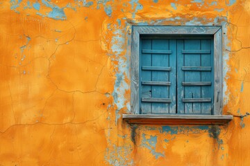 Poster - Colorful rustic window with blue shutters on a textured orange wall