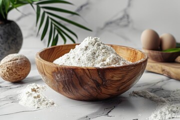 Flour in Wooden Bowl on Marble Surface