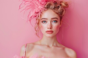 Wall Mural - Portrait of Fashionable Young Woman with Feathered Headpiece in Pink Ensemble