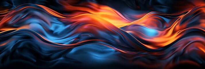 Wall Mural - Poster background featuring dark blue, orange, and red color waves with a black backdrop. The grainy, noisy texture creates an abstract and dynamic header or banner design.

