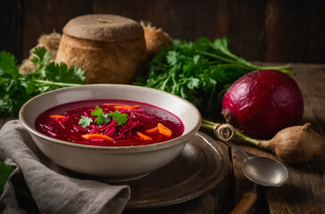 Wall Mural - Borscht in a plate, rustic style classic