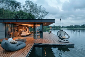 Wall Mural - a modern floating house on the lake with wood deck, hanging chair and couch Generative AI