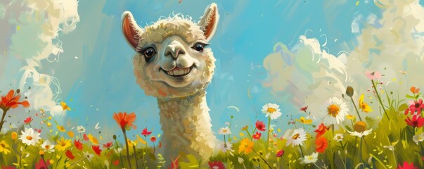 Joyful Alpaca Playing in a Colorful Field of Flowers - Vibrant Oil Illustration of Nature's Bliss