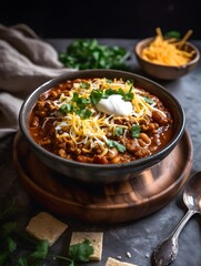 Wall Mural - Traditional Mexican Chili Con Carne, featuring hearty minced meat and tender red beans simmered in a rich, flavorful sauce.