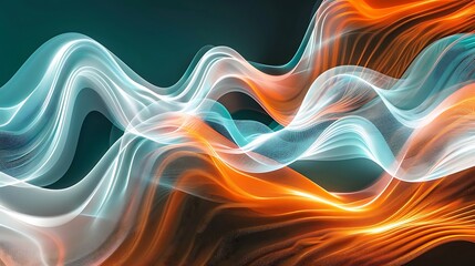 Wall Mural - Vibrant poster design featuring orange, teal, and white psychedelic grainy gradient color waves on a black background. Ideal for music covers or dance party posters.
