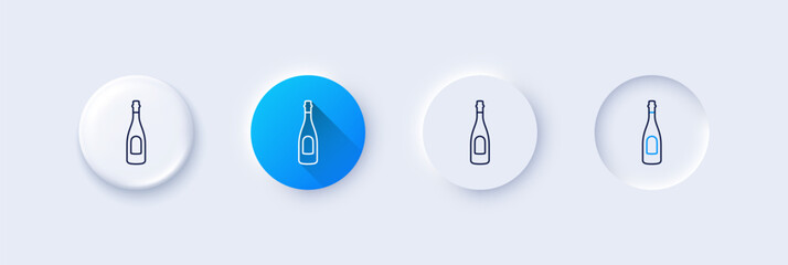 Wall Mural - Champagne bottle line icon. Neumorphic, Blue gradient, 3d pin buttons. Anniversary alcohol sign. Celebration event drink. Line icons. Neumorphic buttons with outline signs. Vector