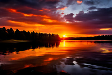 Poster -  A fiery sunset paints the sky in dramatic hues over a glassy-calm lake in Sweden. Silhouetted trees and wispy clouds complete this picturesque Scandinavian scene.