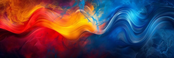 Wall Mural - Abstract background with a flow of red, yellow, and blue colors in a grainy wave pattern on a dark noise texture. Ideal for bold and vibrant cover or header designs.
