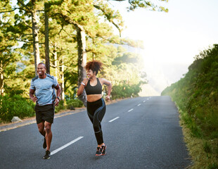 Poster - Couple, running and smile in countryside for fitness, exercise and together for wellness or cardio. Sunshine, race and happy people in nature for health, support and performance for marathon training
