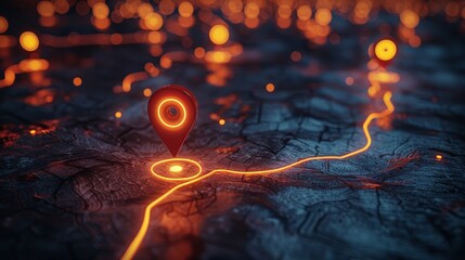 Wall Mural - Glowing location marker on a futuristic digital map at night, navigation technology concept