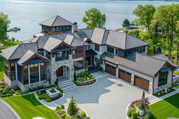 Aerial view of a luxury home with a large driveway, a lake in the background, and beautiful landscaping The house has multiple garages and structures, a shingle roof, brown accents Generative AI