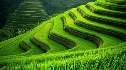 Wall Mural - Amazing rice terraces landscape with vibrant green color. The rice terraces are built on the hillside and they follow the contour of the land.